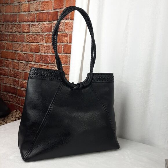 Black Braided Handle Vegan Faux Leather Shoulder Bag Multiple Compartments - Picture 3 of 12